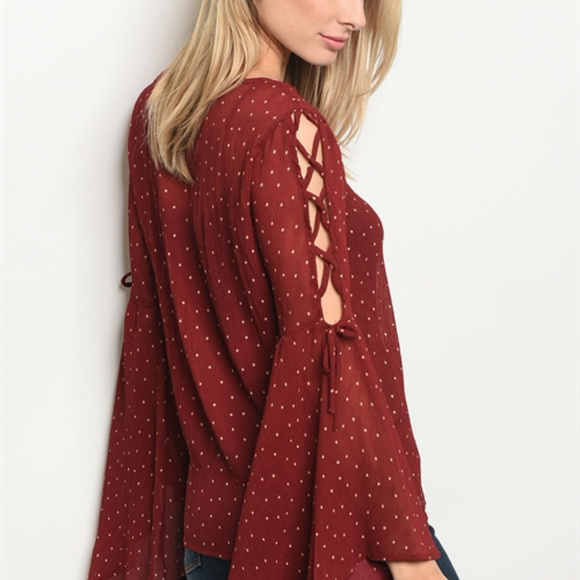 BURGUNDY PEACH DOTS TOP @ - Picture 3 of 3